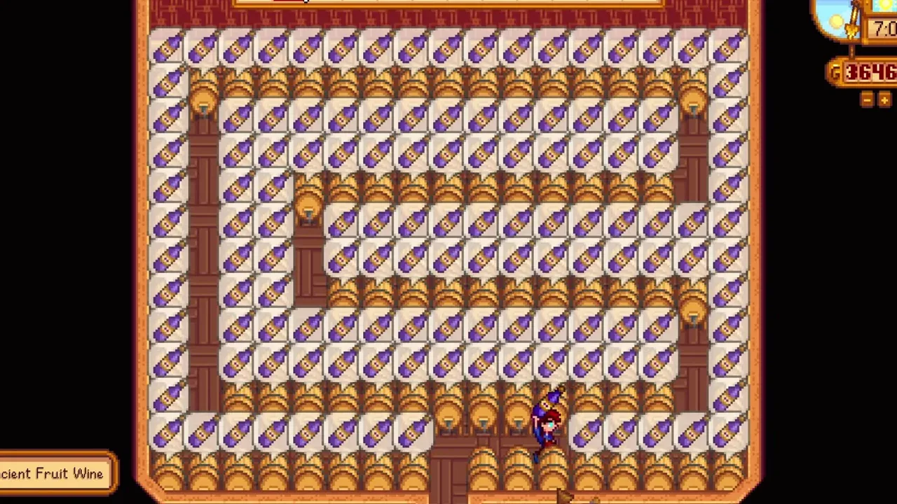 Stardew Valley shed layout: A Big Shed arranged with processing machines and narrow access aisles in Stardew Valley