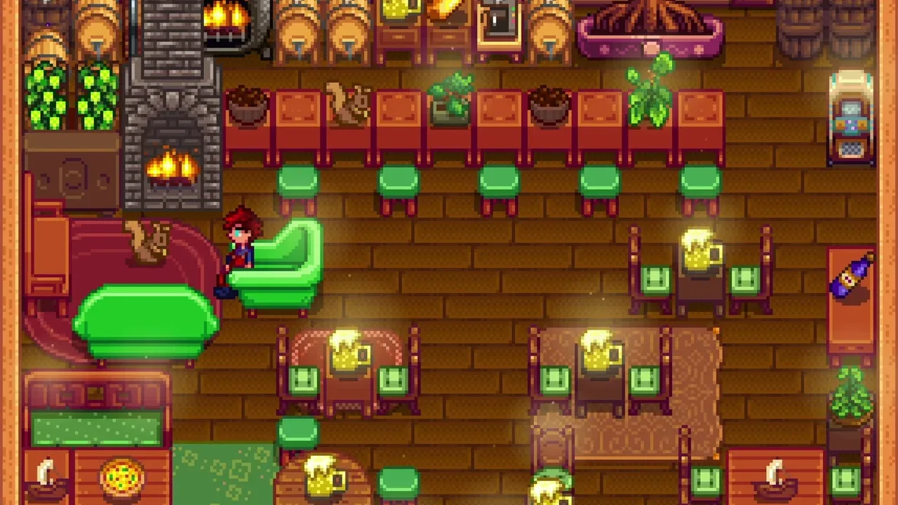 A decorated shed with a bar and seating in Stardew Valley