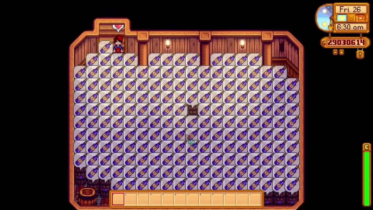 A fully packed cellar with wine ready in the casks in Stardew Valley