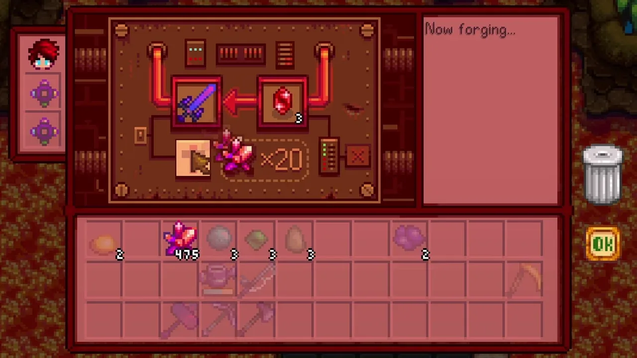 Applying a Ruby upgrade to a weapon at the Forge in Stardew Valley