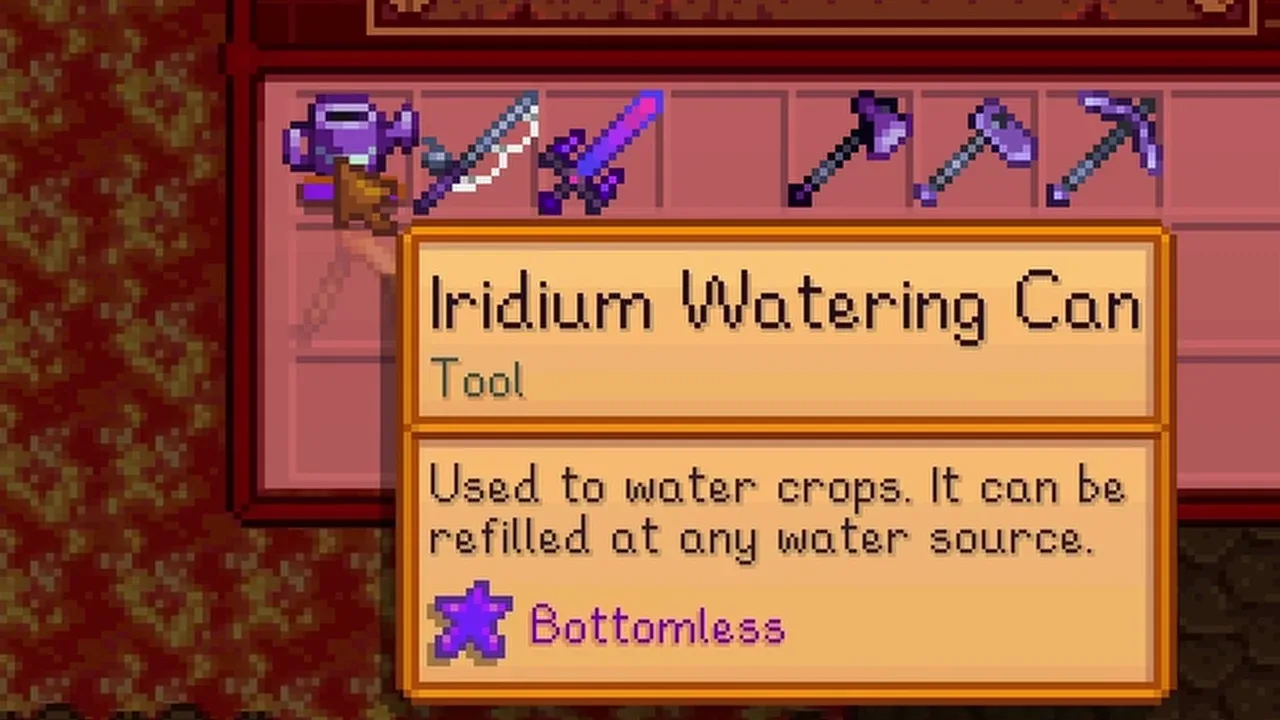 Stardew Valley Forge guide: Bottomless Watering Can in the Forge interface in Stardew Valley
