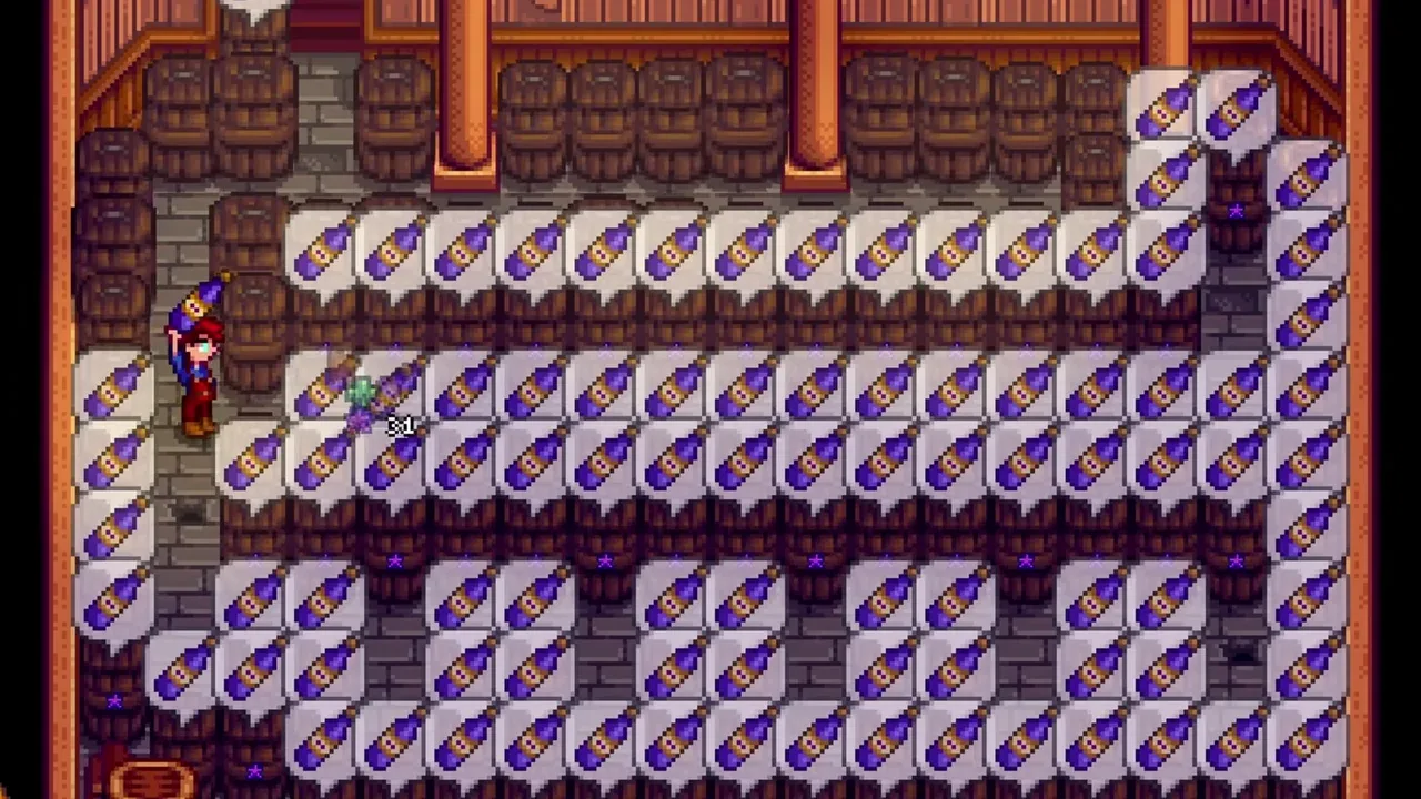 Cellar casks arranged with permanent walking aisles in Stardew Valley
