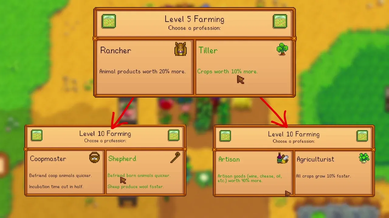 Stardew Valley professions: Choosing a Farming profession at level-up in Stardew Valley