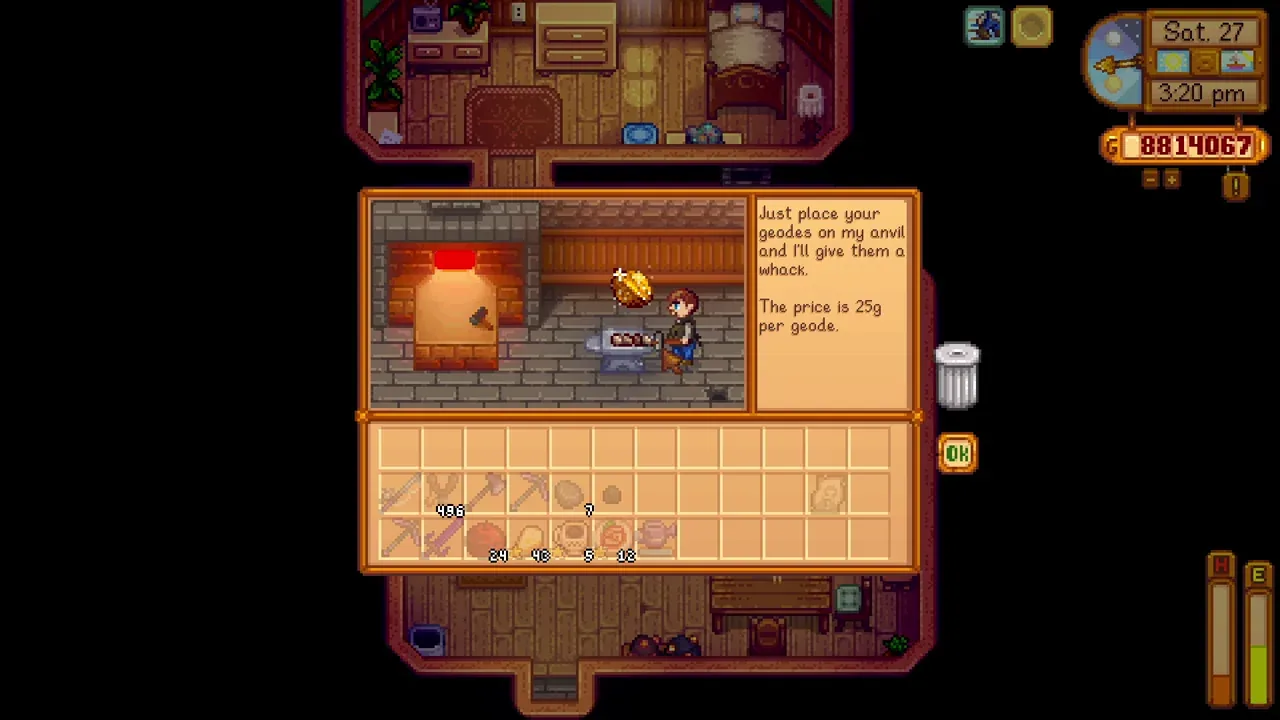 Golden Walnut locations: Clint opening Golden Coconuts at the Blacksmith shop in Stardew Valley