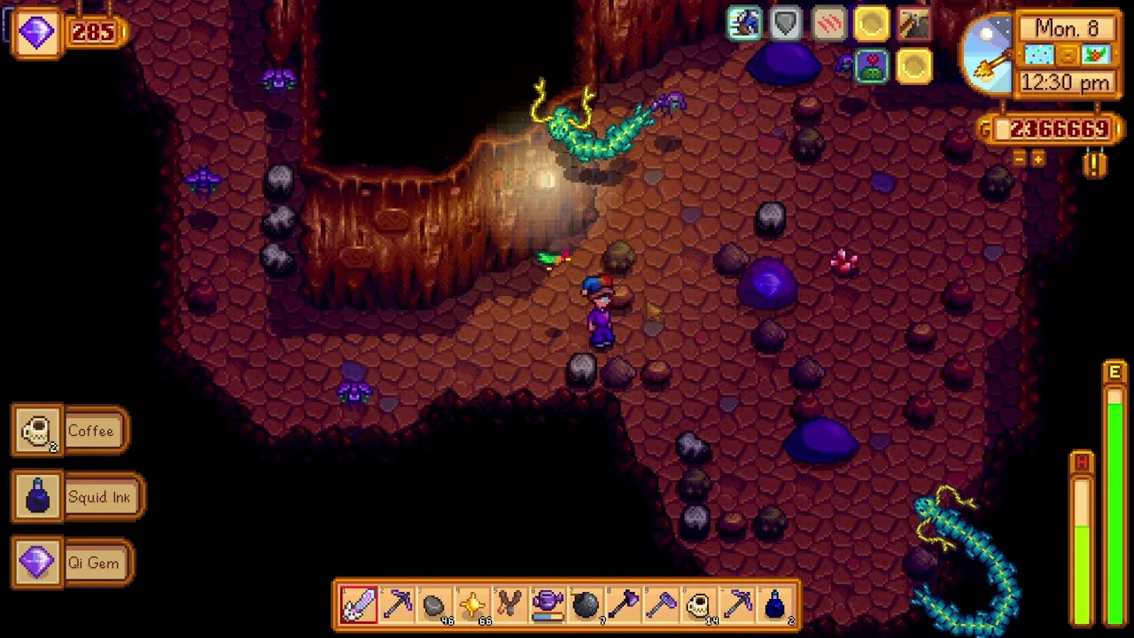 Collecting drops with the loot-focused combat build in Stardew Valley