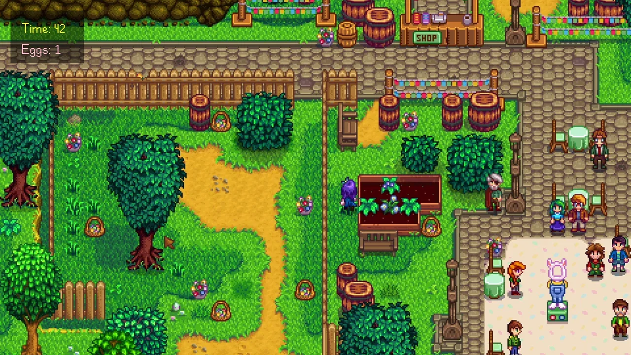 Collecting eggs during the Egg Festival hunt in Stardew Valley