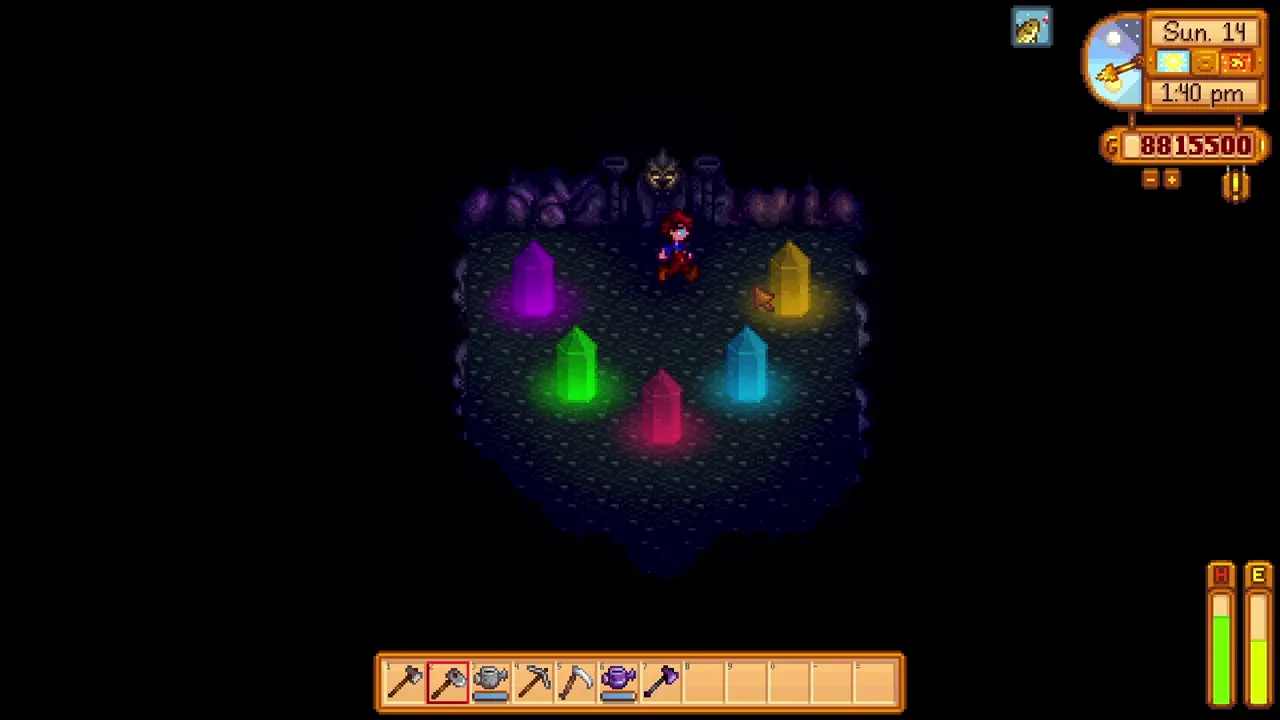 Coloured crystals inside the island memory-puzzle cave in Stardew Valley