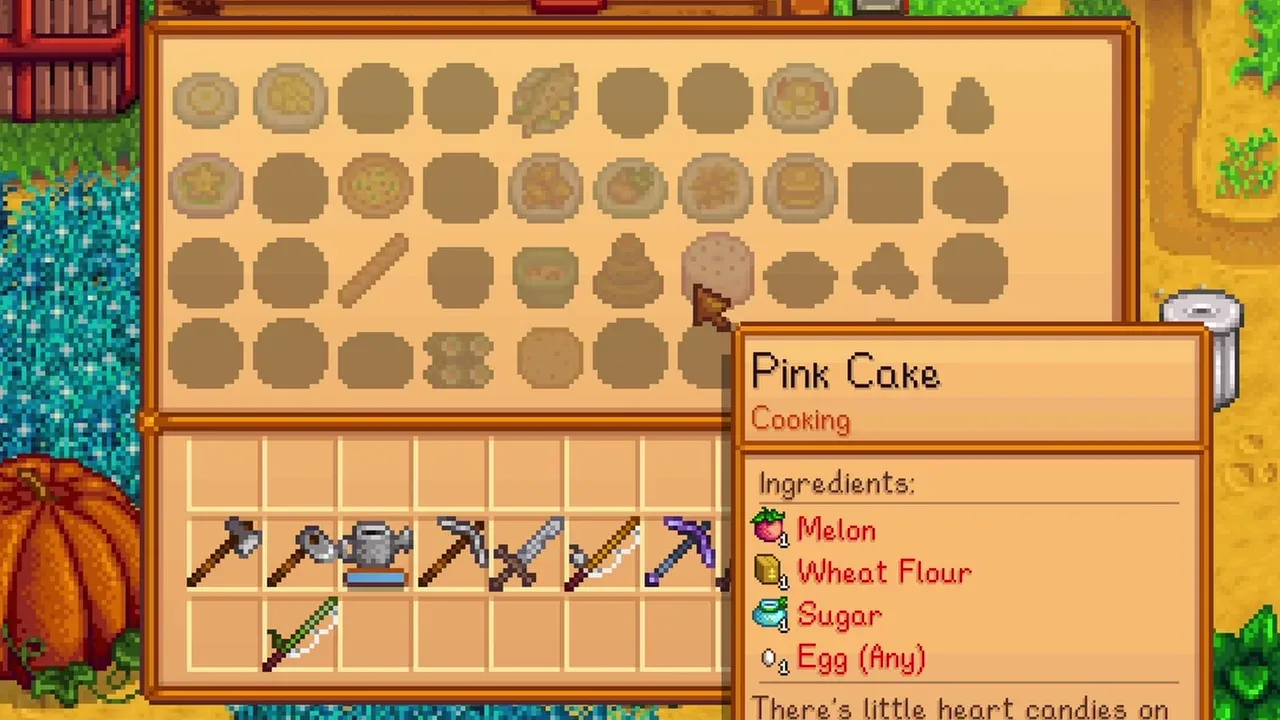 Cooking recipes in the menu in Stardew Valley