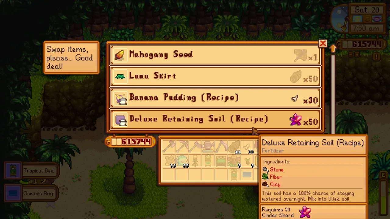 Deluxe Retaining Soil recipe at the Island Trader in Stardew Valley