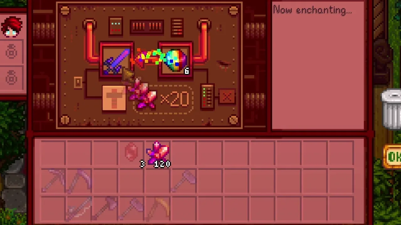 Enchanting a weapon at the Mini-Forge in Stardew Valley