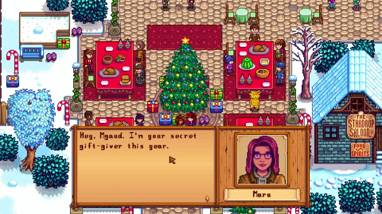Exchanging gifts at the Feast of the Winter Star in Stardew Valley