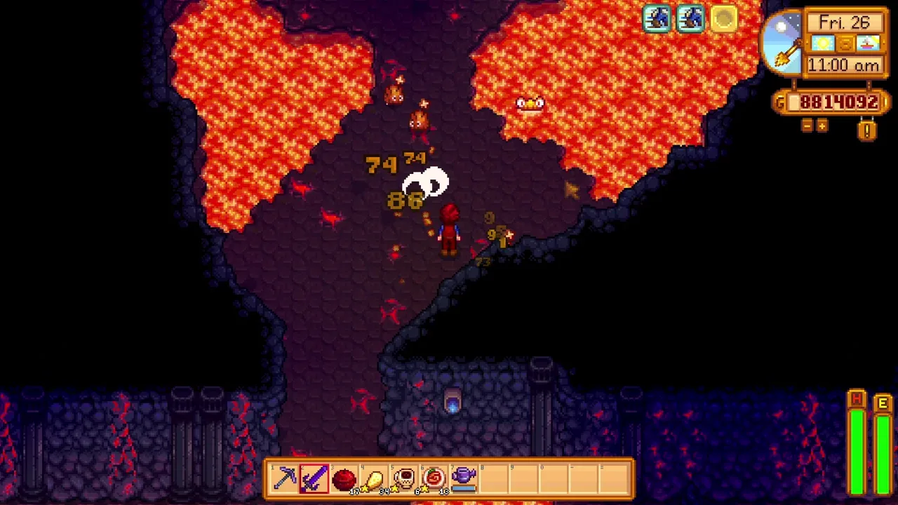 Exploring and fighting inside the Volcano Dungeon in Stardew Valley