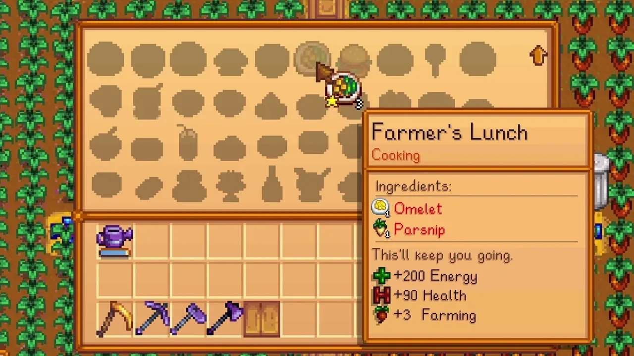 Farmer’s Lunch in the cooking menu in Stardew Valley