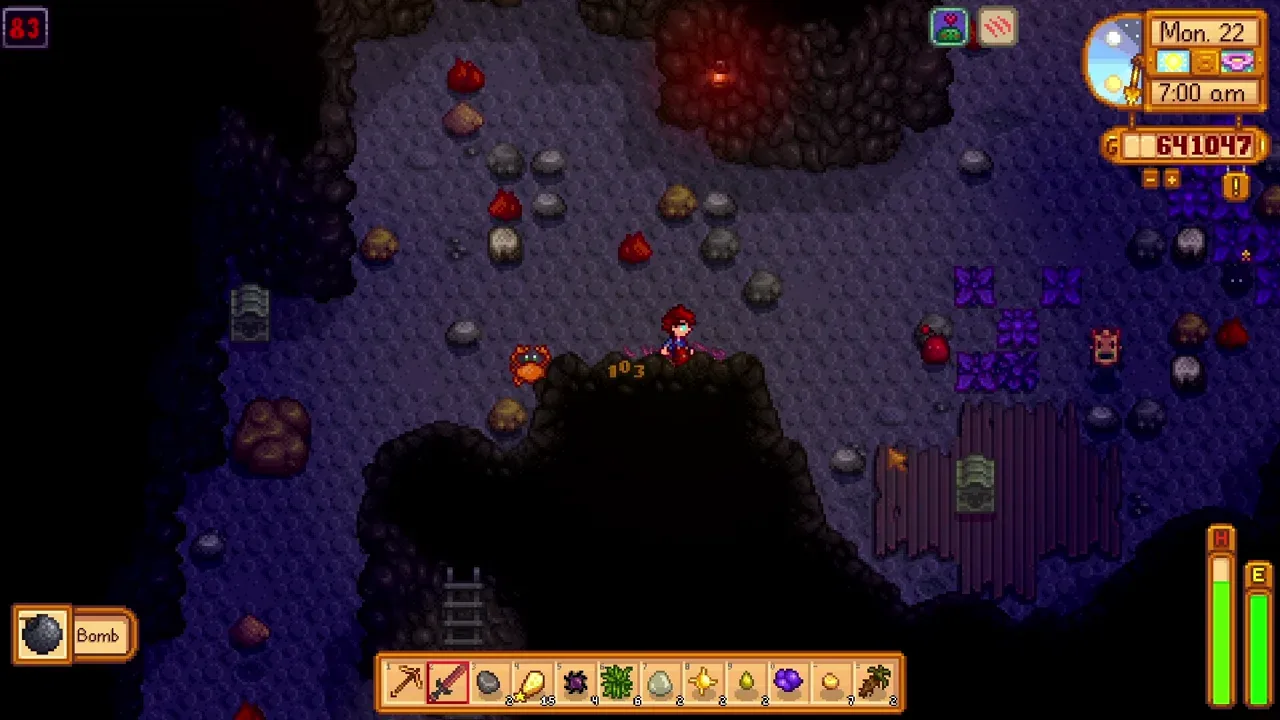 Fighting enemies inside the Volcano Dungeon in Stardew Valley