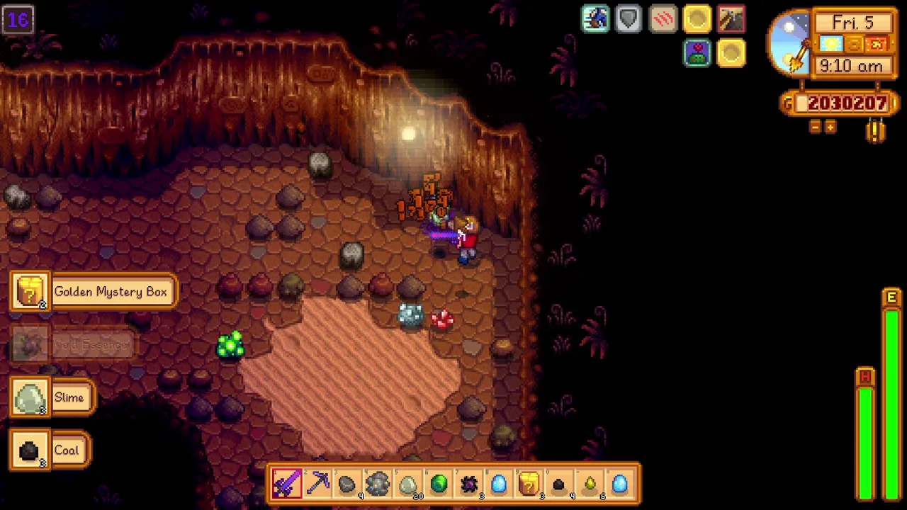 Fighting monsters with the healing combat setup in Stardew Valley