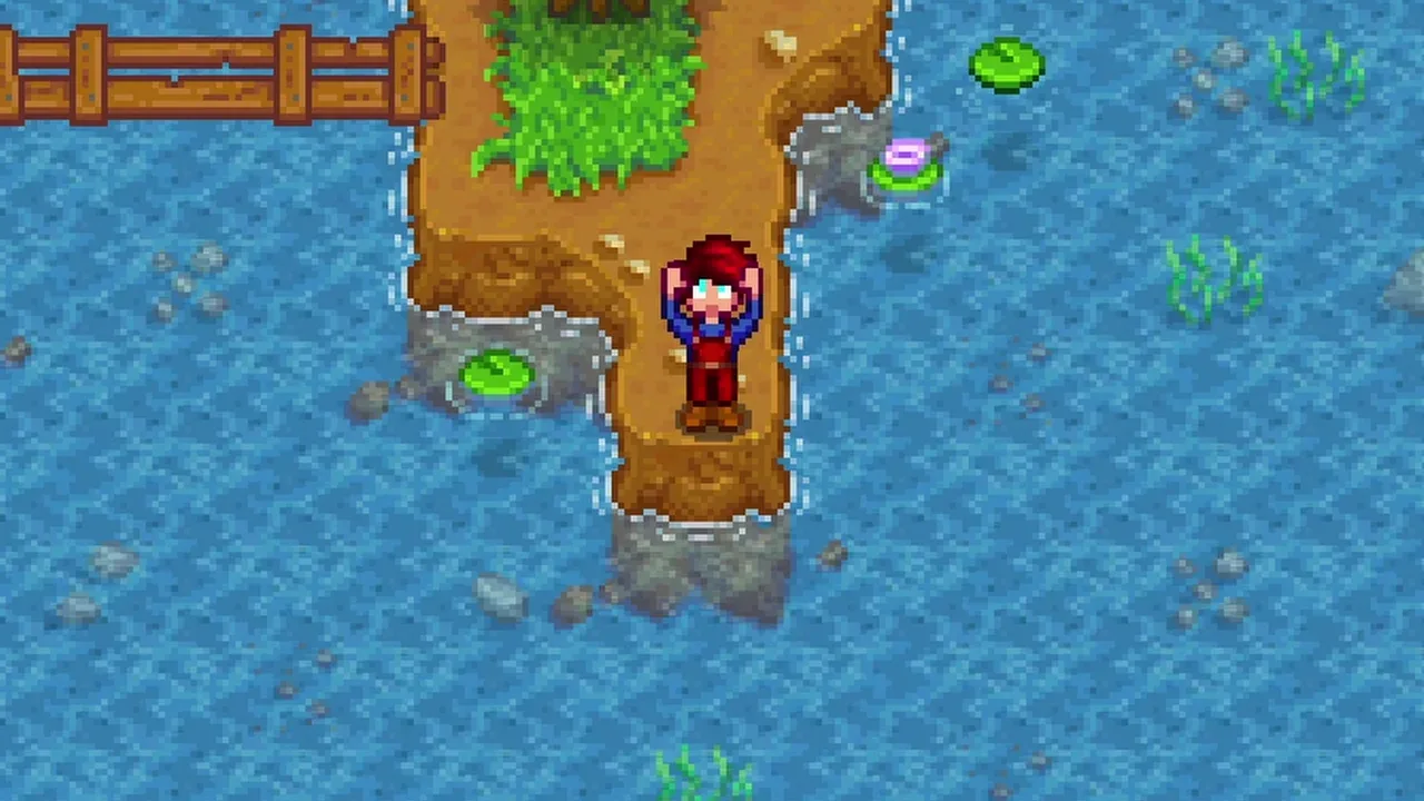 Fishing at the mountain lake in Stardew Valley