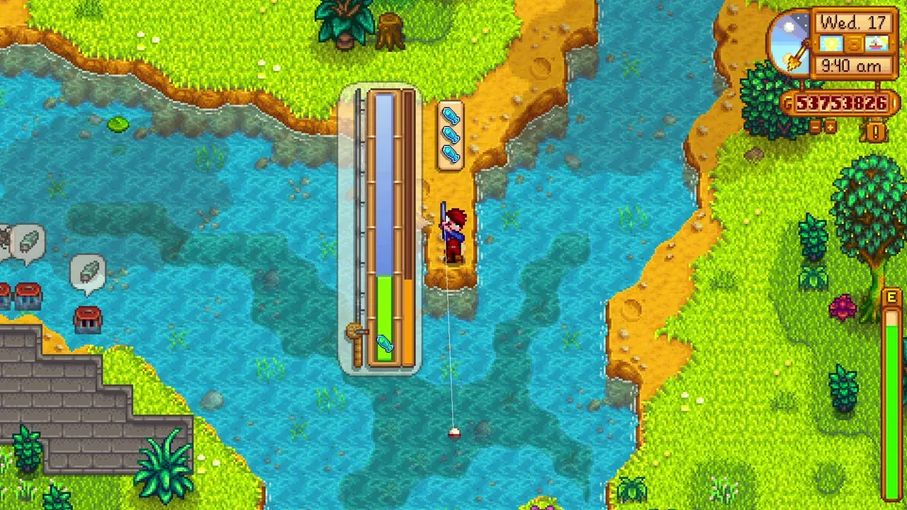 Fishing with a large fishing bar in Stardew Valley