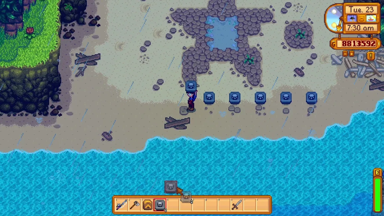 Five Flute Blocks on the rainy Mermaid beach in Stardew Valley