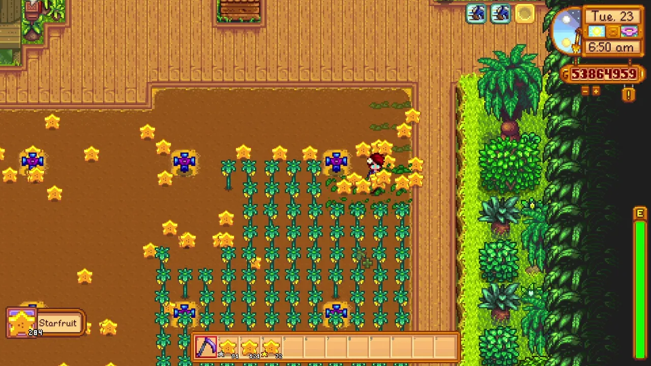 Harvesting a field with the Iridium Scythe in Stardew Valley