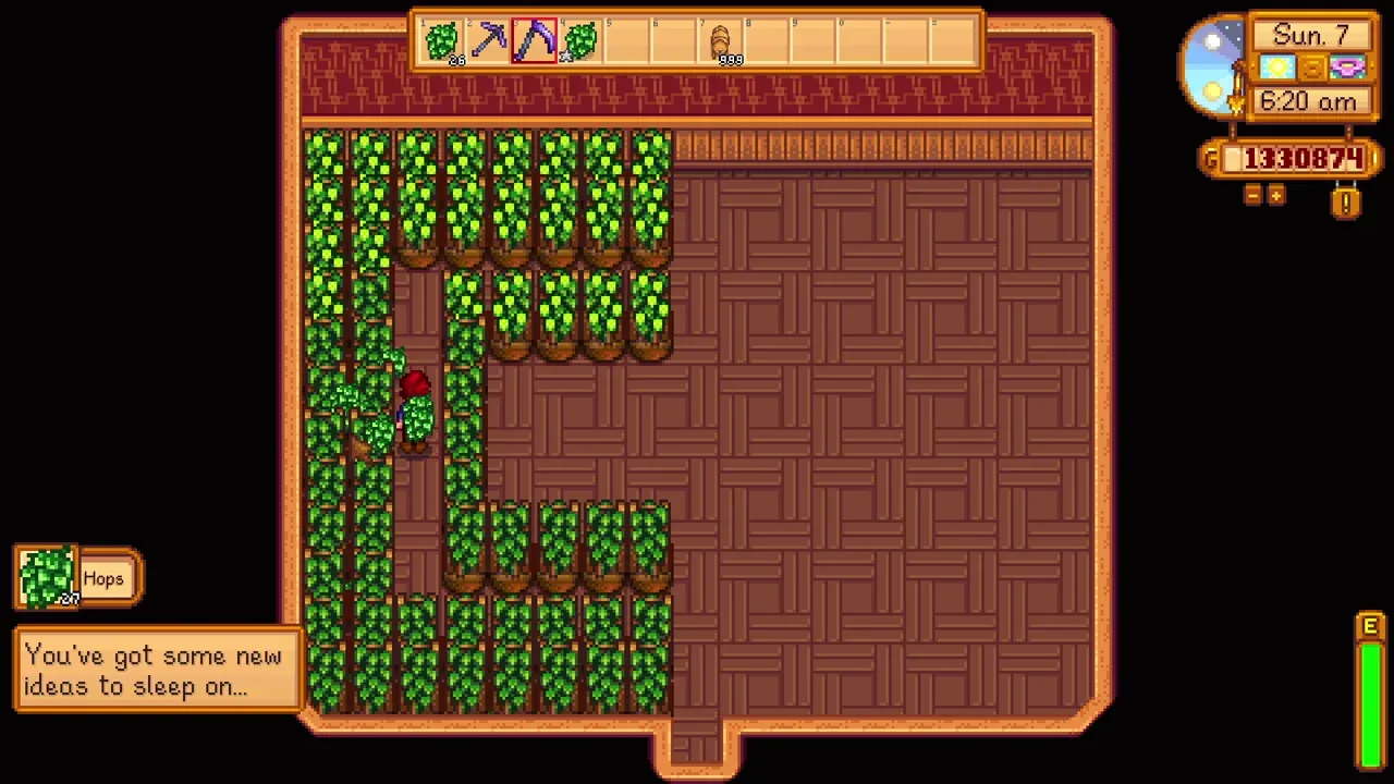 Hops growing in rows of Garden Pots in Stardew Valley