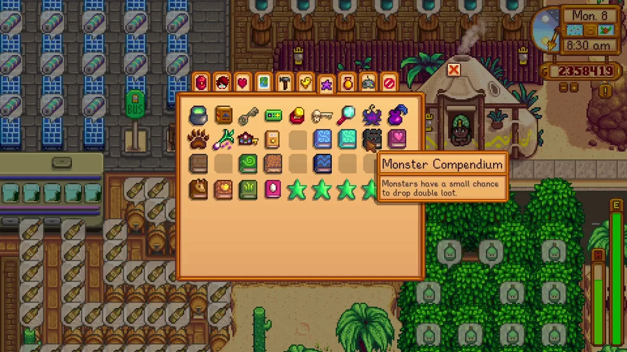 Monster Compendium in the inventory in Stardew Valley