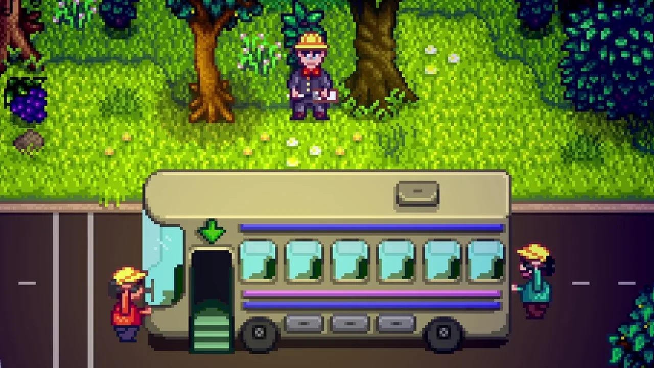 Pam beside the bus after repairs in Stardew Valley
