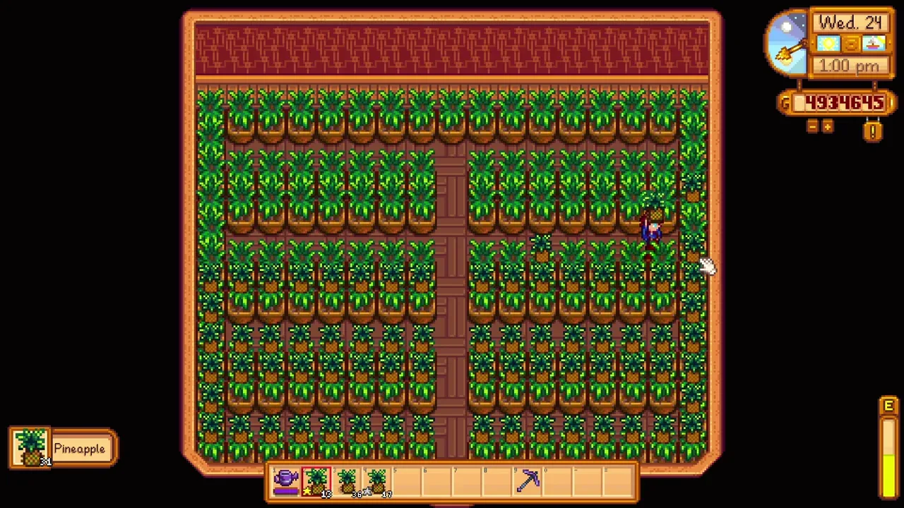 Pineapples growing in Garden Pots inside a shed in Stardew Valley