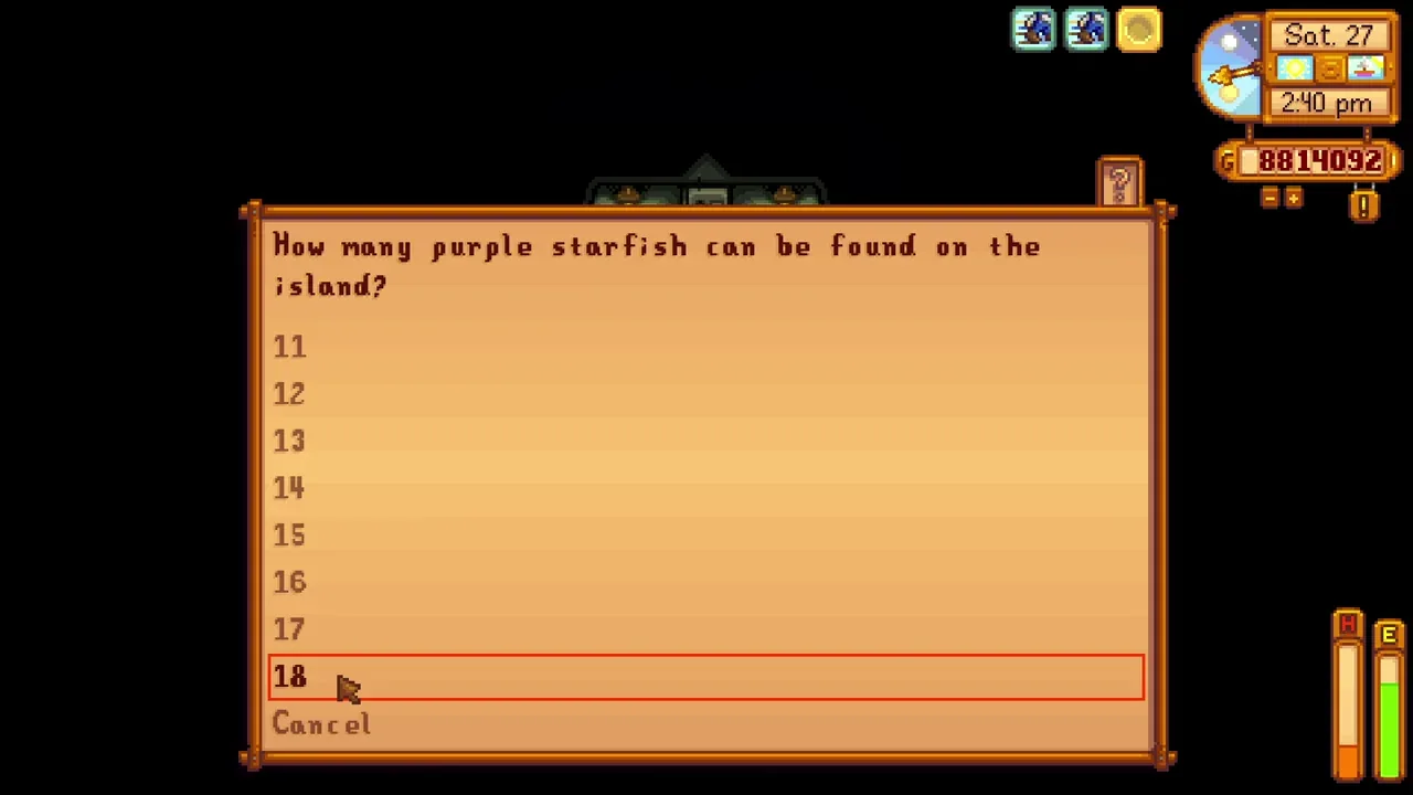 Professor Snail’s purple starfish survey in Stardew Valley