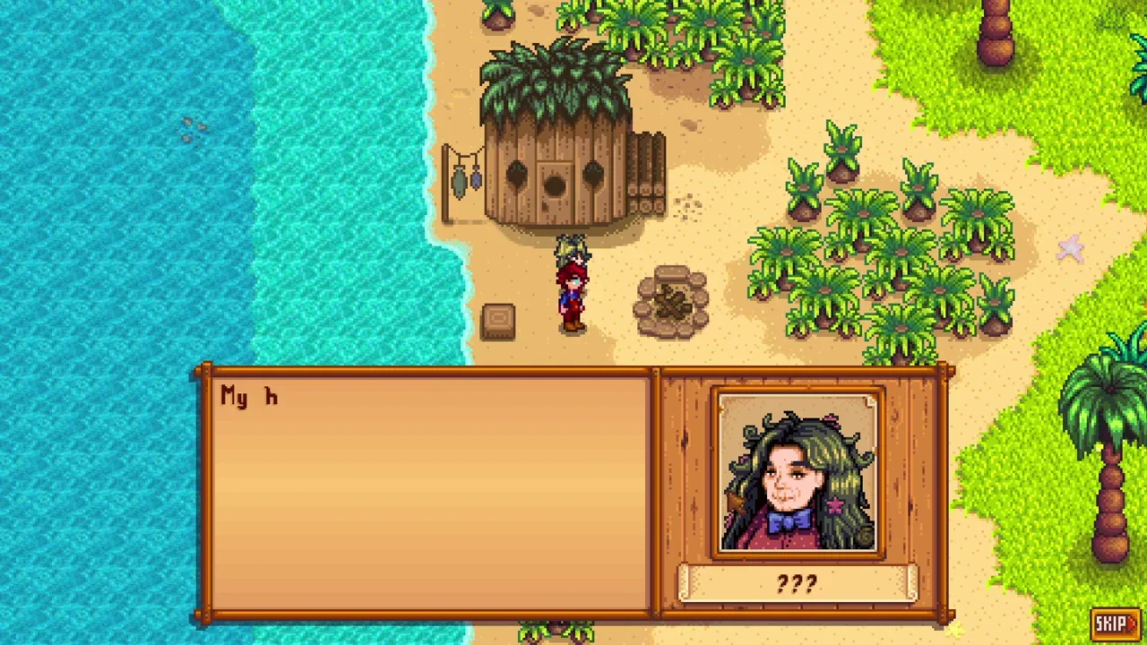 Speaking to Birdie outside her island hut in Stardew Valley