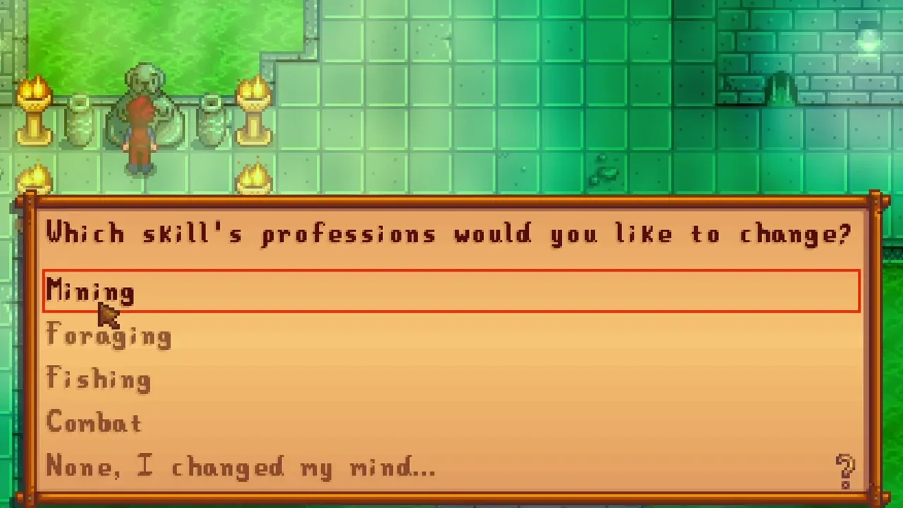 The Statue of Uncertainty skill-selection dialogue in Stardew Valley