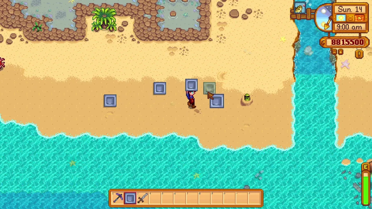 Three mole holes covered on the island beach in Stardew Valley