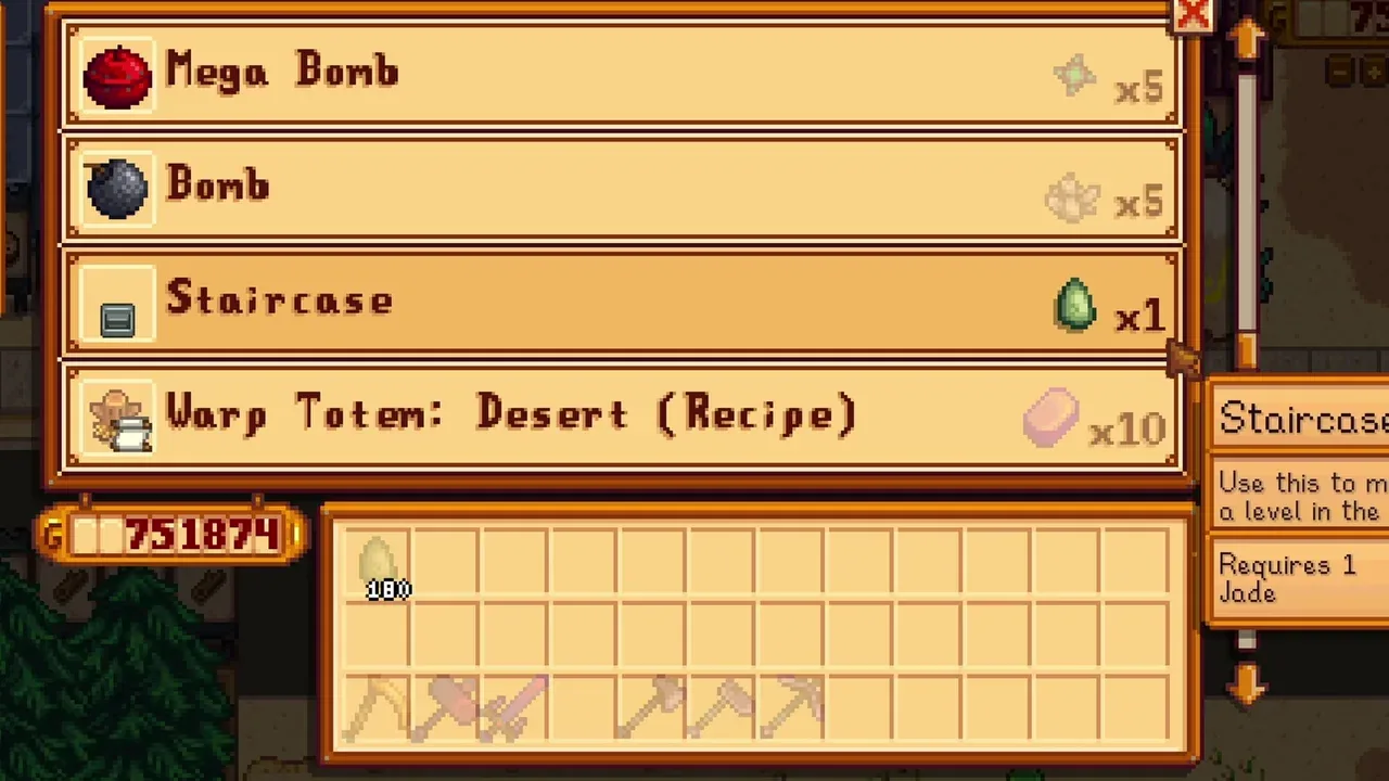 Trading Jade for Staircases at the Desert Trader in Stardew Valley
