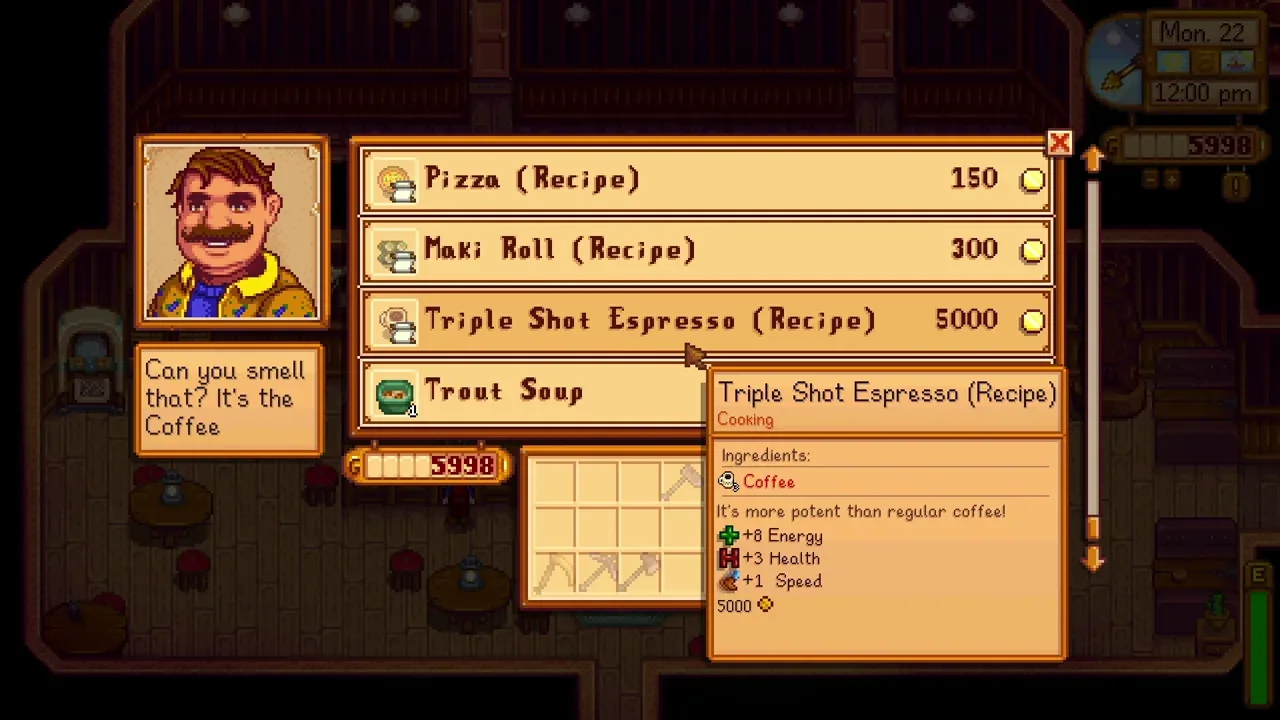 Triple Shot Espresso recipe at the Stardrop Saloon in Stardew Valley