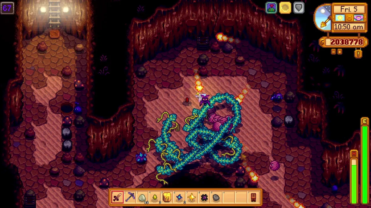 Using the defensive tank build against monsters in Stardew Valley