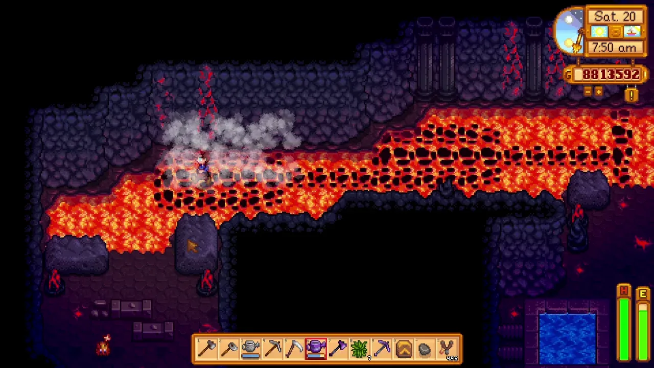Using the Watering Can to cross the volcano lava river in Stardew Valley