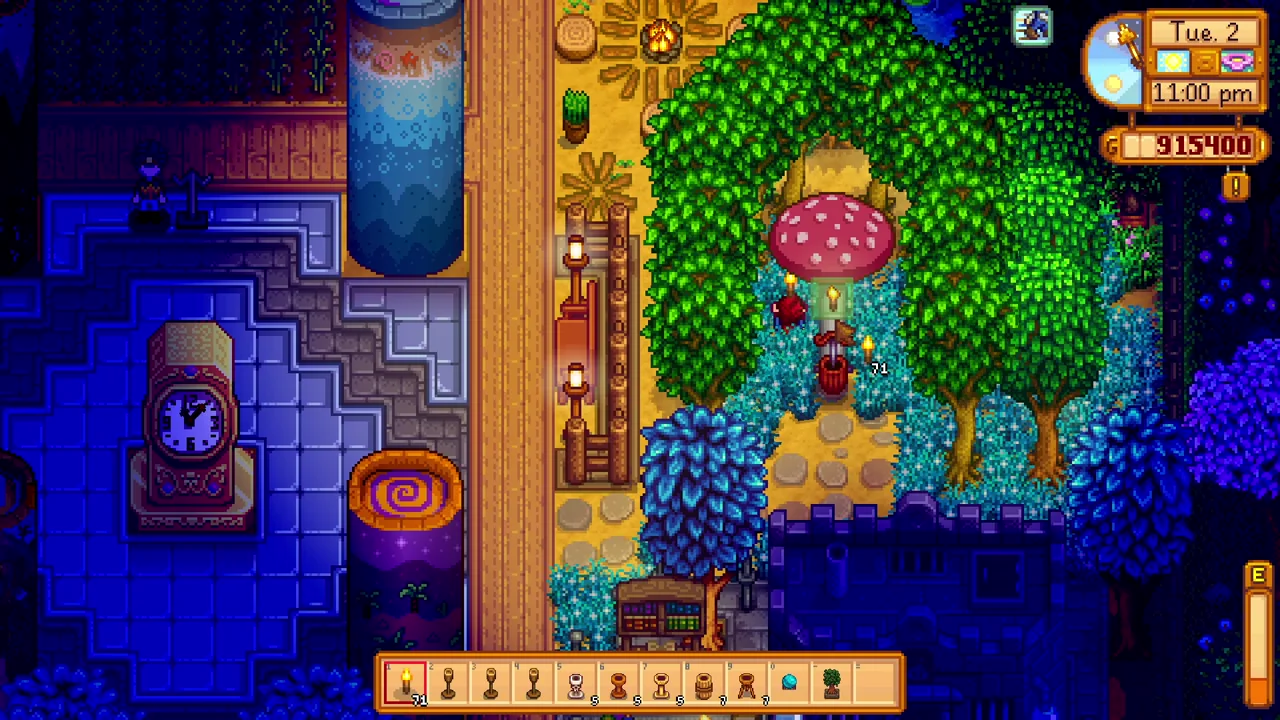 Stardew Valley: Torches lighting decorated farm paths