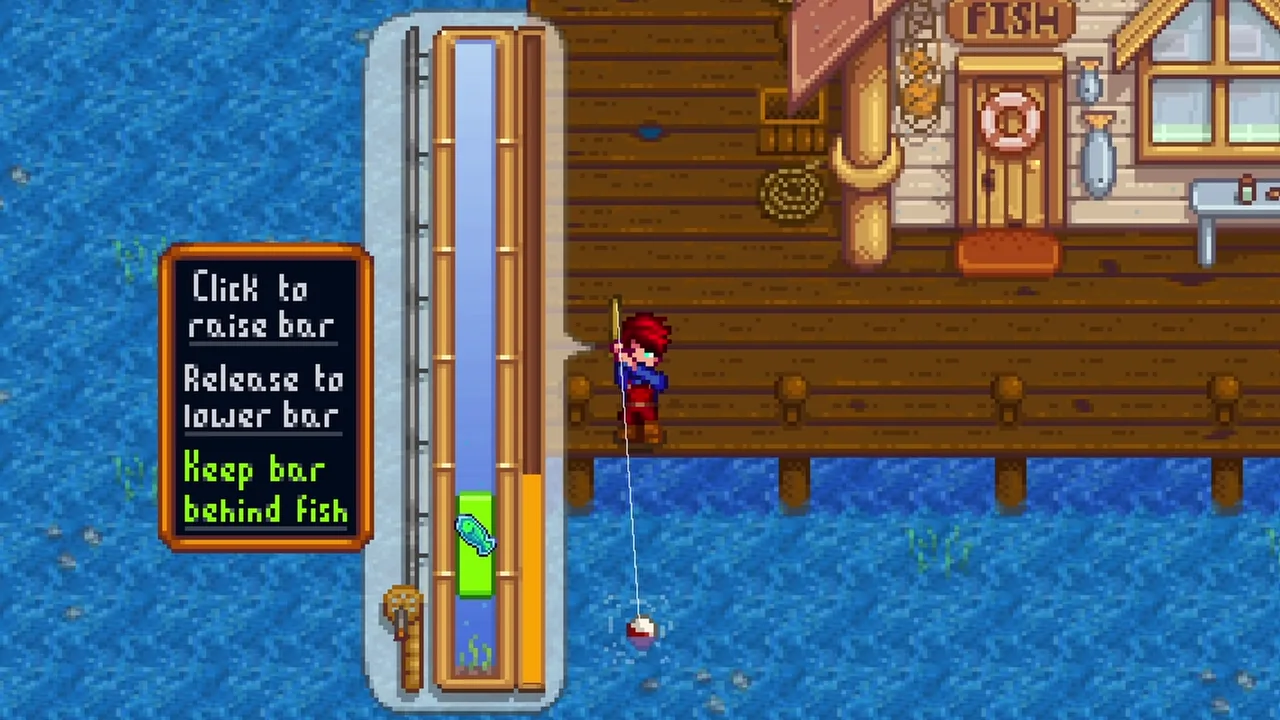 Stardew Valley: The fishing minigame beside Willy’s shop