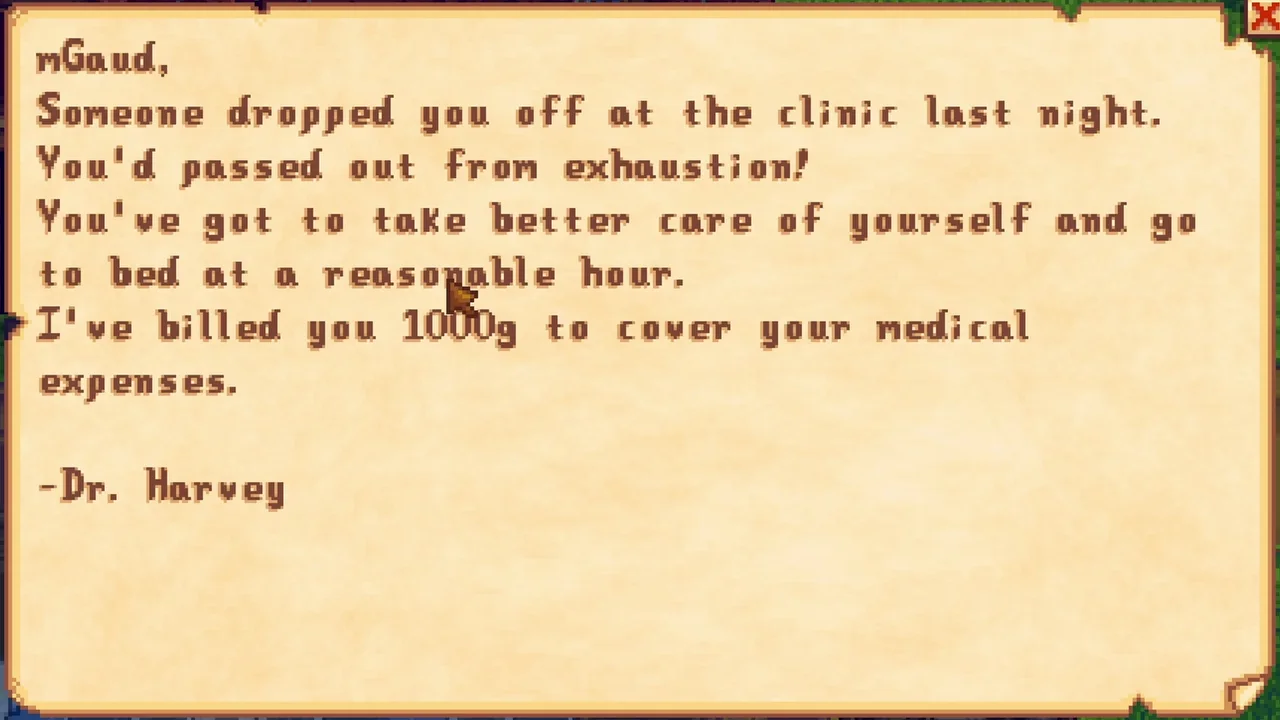 Stardew Valley: Harvey’s letter charging for a late night rescue