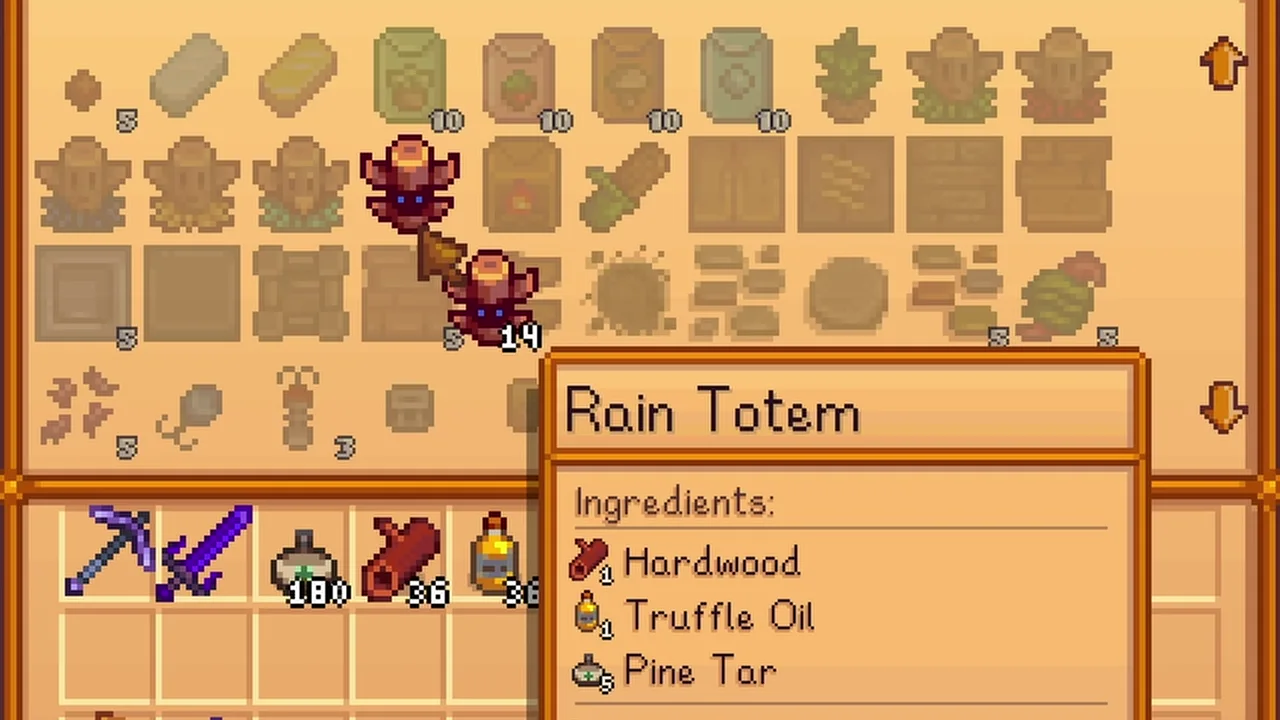Stardew Valley: Rain Totem ingredients in the crafting menu