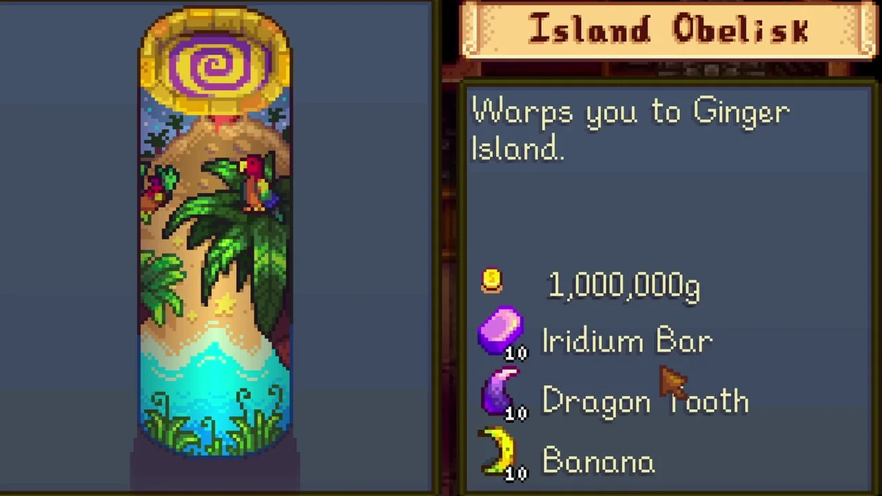 Stardew Valley: Island Obelisk materials in the building menu