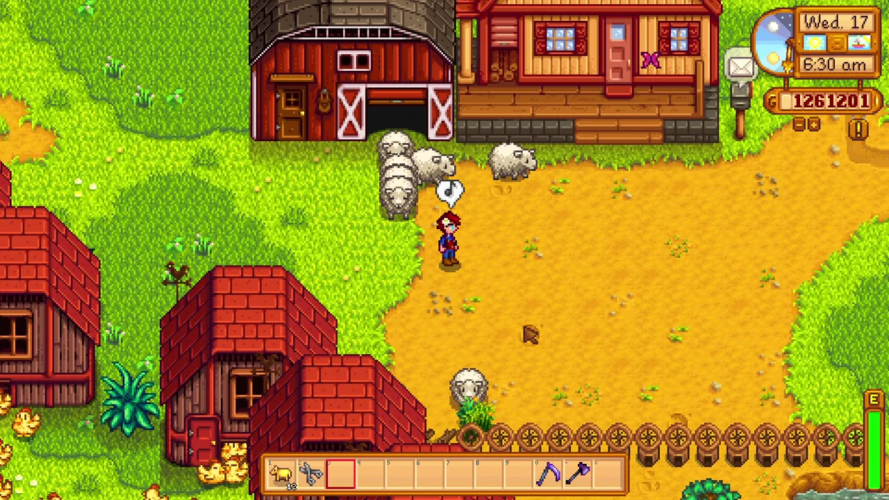 Stardew Valley: Sheep outside farm buildings