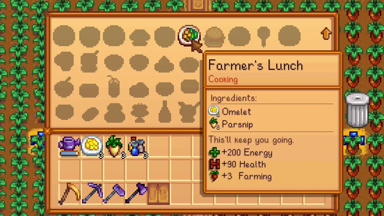 Stardew Valley: Farmer’s Lunch in the cooking menu