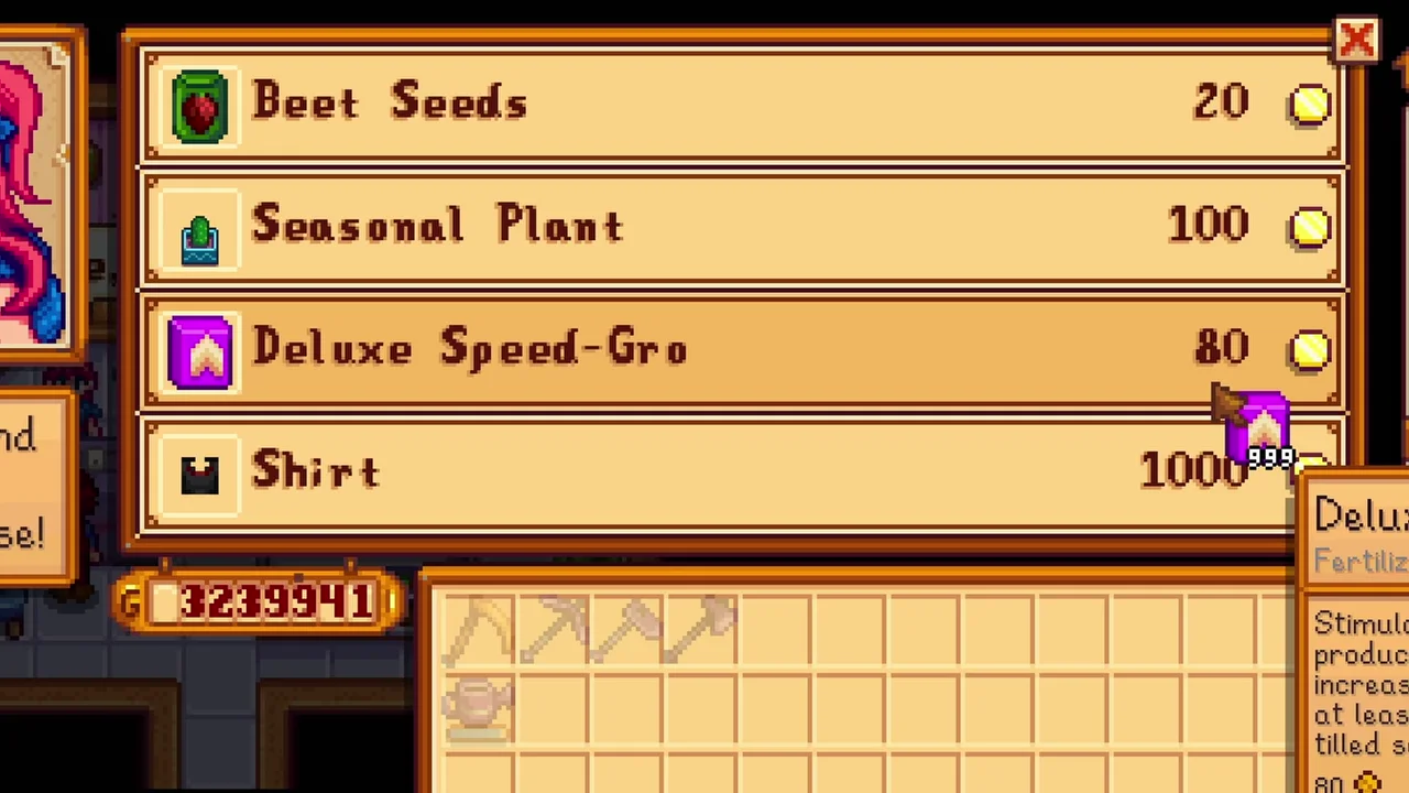 Stardew Valley: Deluxe Speed-Gro priced at 80g in Sandy’s shop