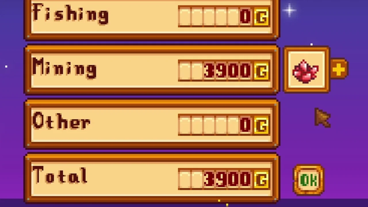 Stardew Valley: Fire Quartz sale value on the shipping screen