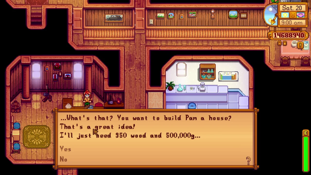 Stardew Valley: Robin’s dialogue showing Pam’s house upgrade cost