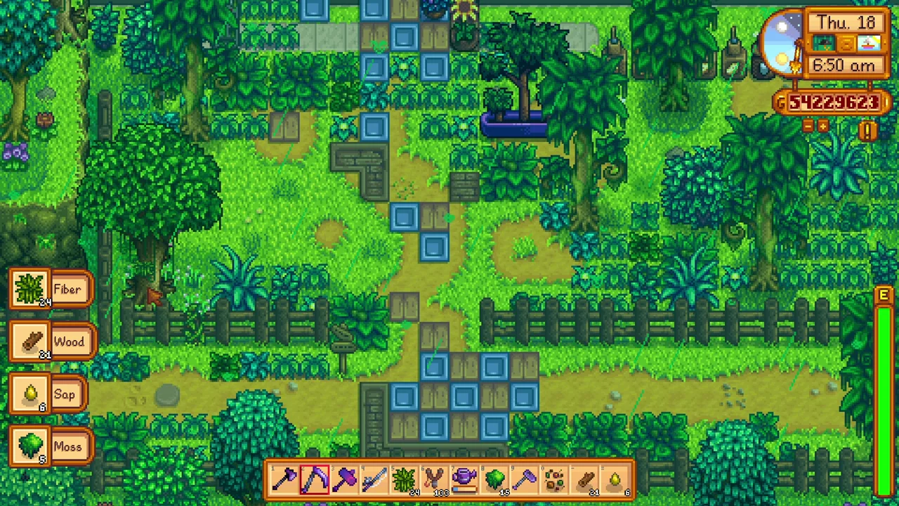 Stardew Valley resource mistakes: Mossy Seed trees growing on the farm