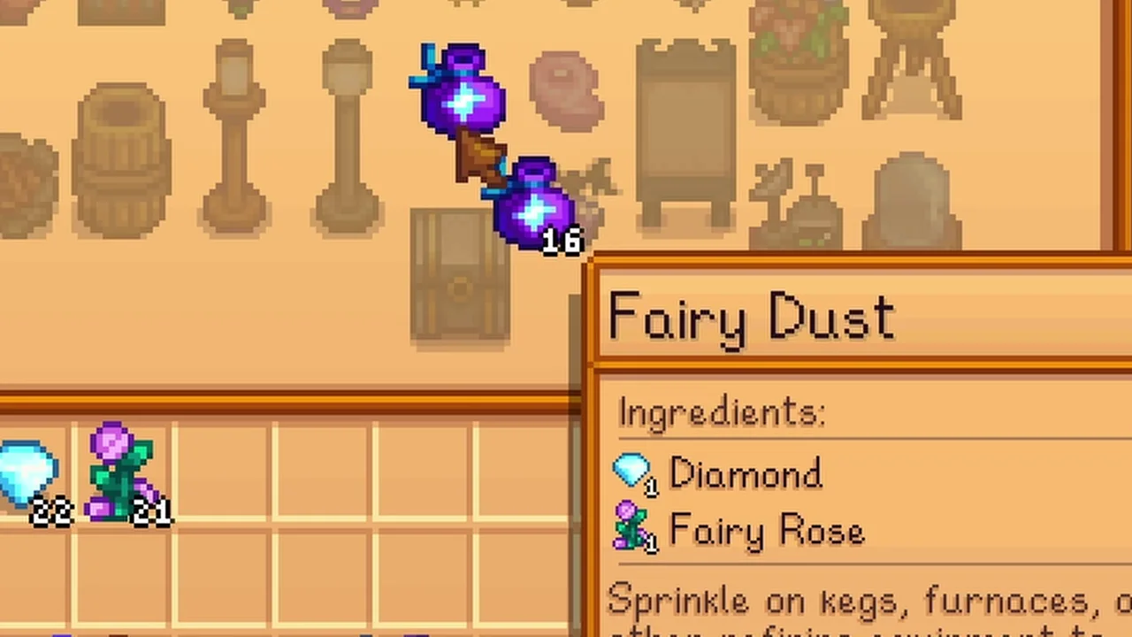 Stardew Valley: Fairy Dust shown in the crafting menu