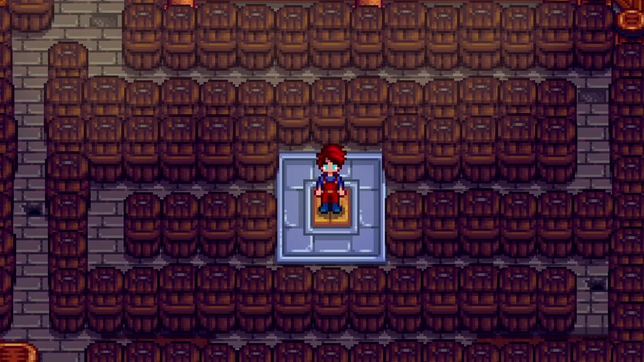 Stardew Valley: A cellar filled with casks