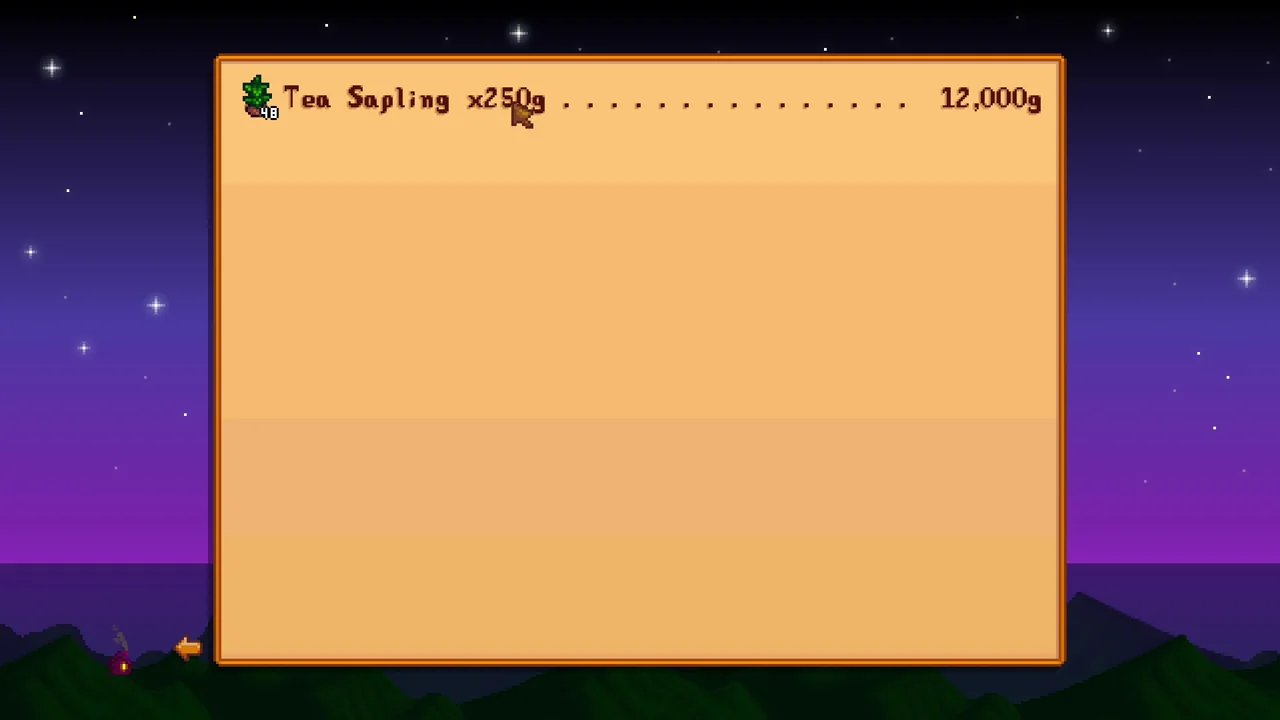 Stardew Valley: Tea Saplings selling for 250g each