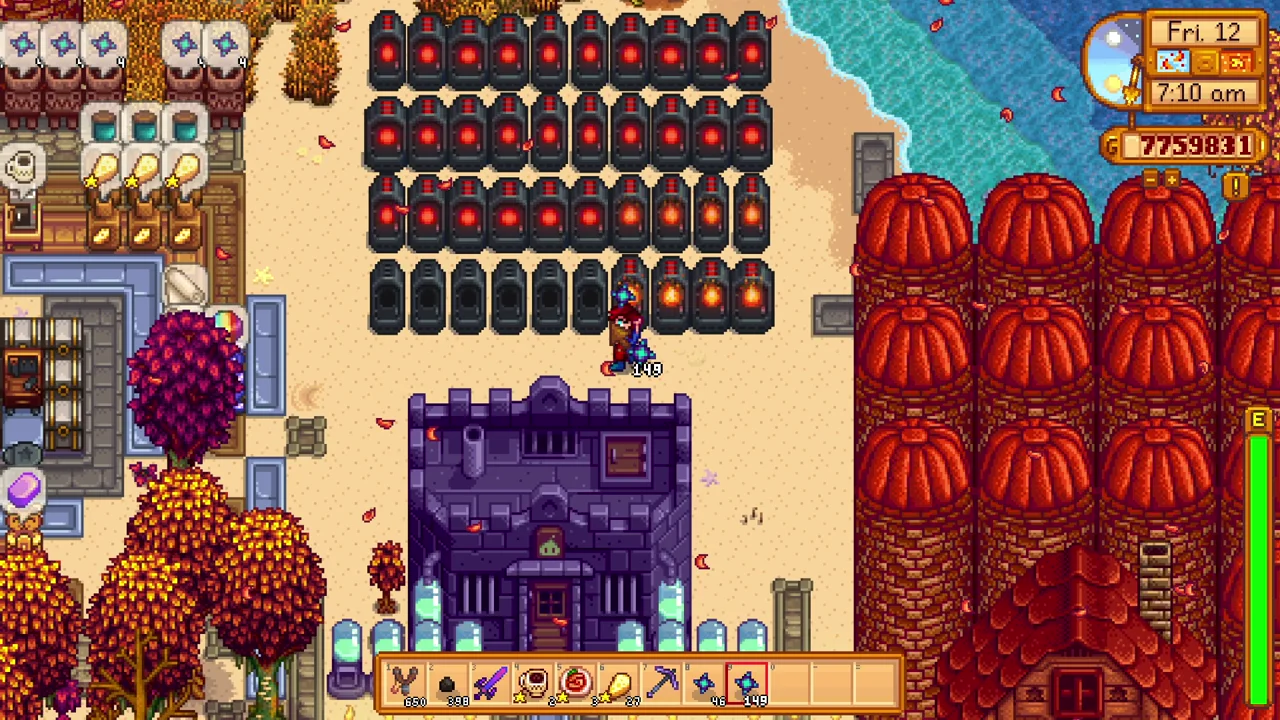 Stardew Valley: A row of furnaces processing ore